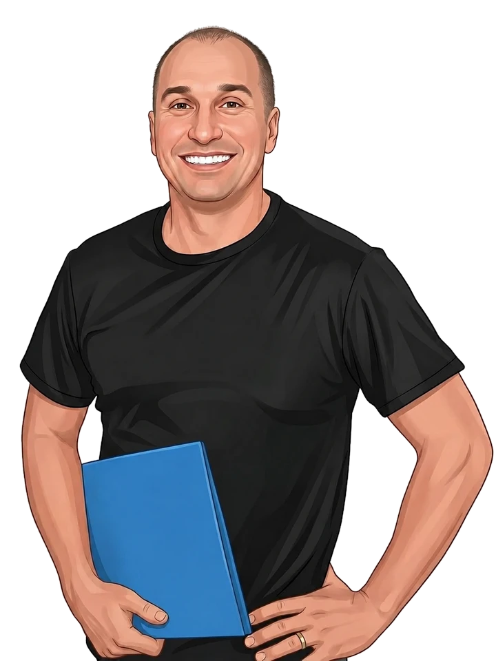 Portrait illustré d’Olivier, coach sportif de Coach Sport Oise, souriant, en tee-shirt noir, un dossier bleu sous le bras